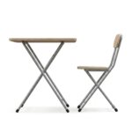 Side view of a light wood and silver metal folding table with a matching folding chair on a white background.