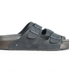 Side profile of a pair of dark gray double-buckle slide sandals with size 41 visible on the side, resting on a plain white background.