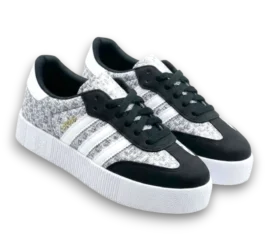 Pair of Adidas Sambae black and white tweed platform sneakers featuring black suede overlays, classic white three-stripes, and a thick white sole on a clean white background.