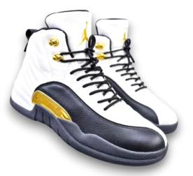 Pair of Air Jordan 12 Retro high-top sneakers featuring a white leather upper, deep burgundy textured mudguard, and white laces, golden sides.