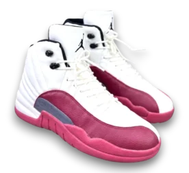 Pair of Air Jordan 12 Retro Royalty high-top sneakers in white leather with black mudguard overlays, black laces, and metallic gold accents on a clean white background.